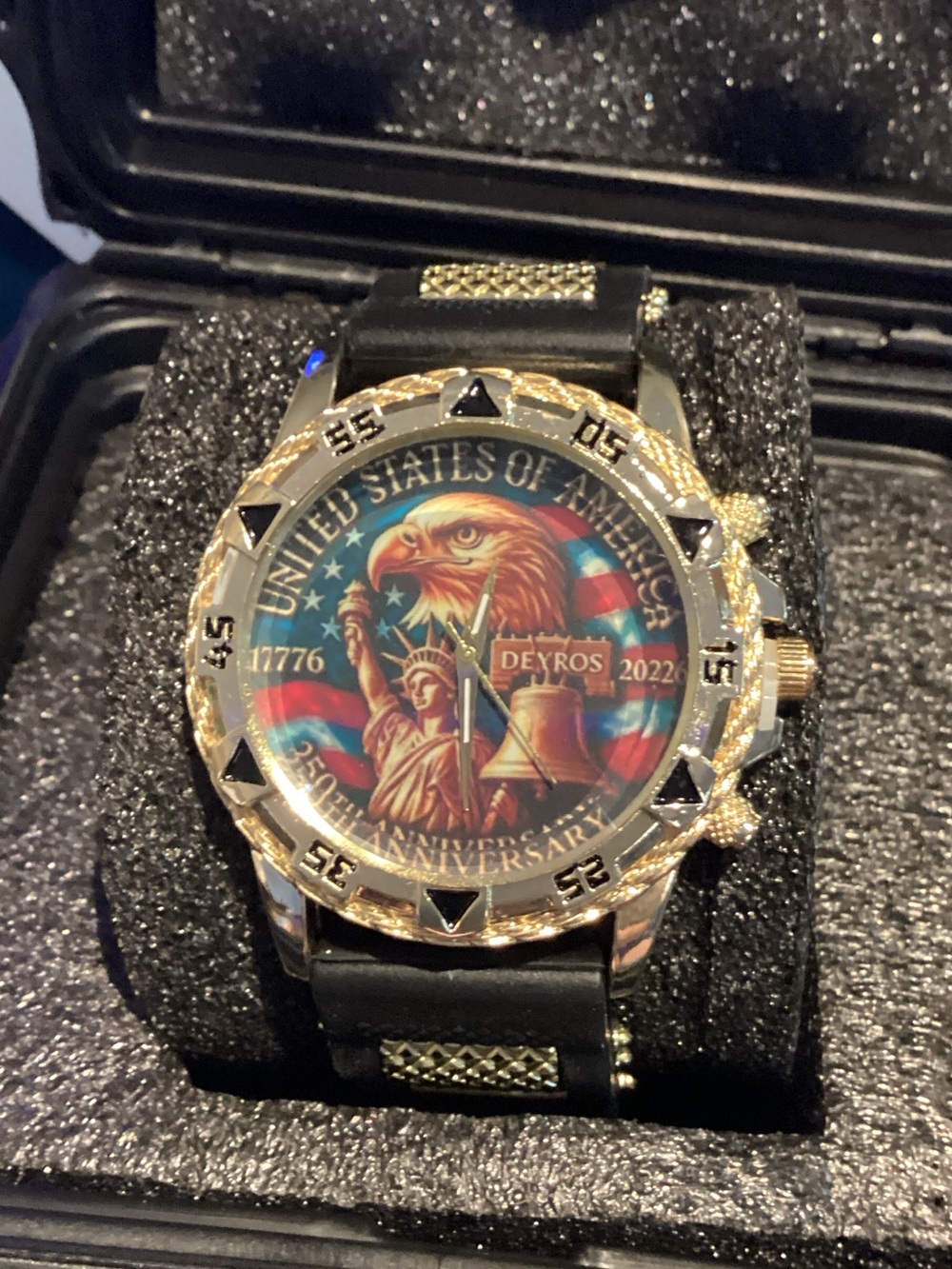 Patriotic Gold-Tone Men's Watch with Black Band